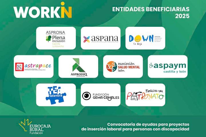 Las 10 entidades de inclusión laboral de discapacidad que Eurocaja Rural ha selecionado en sus ayudas «Workin»