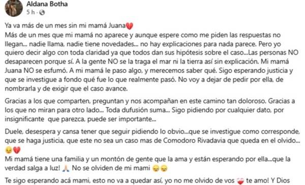 «A la gente no se la traga el mar sin explicación», dijo la hija de Juana Morales, la mujer desaparecida junto a su pareja