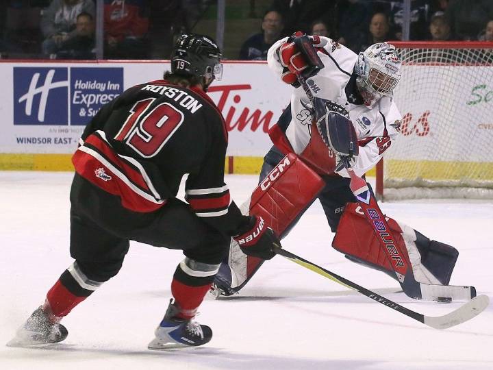 Windsor Spitfires’ goalie Joey Costanzo rose to the occasion. 