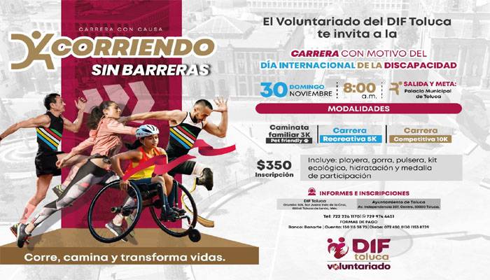 Invita Gobierno municipal y el Voluntariado DIF Toluca a participar Corriendo sin Barreras