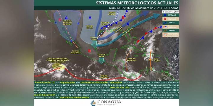 Frente frío 12 llega a Oaxaca con lluvias, descenso de temperatura y fuertes vientos en el Istmo