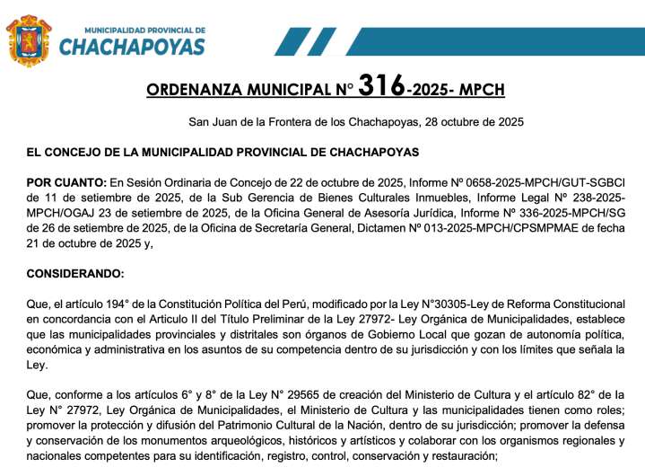 ORDENANZA MUNICIPAL N°316