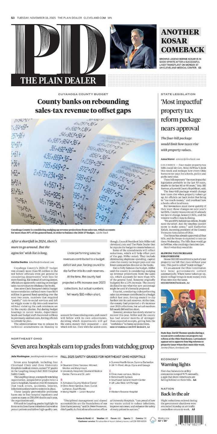 The Plain Dealer’s front page for November 18, 2025