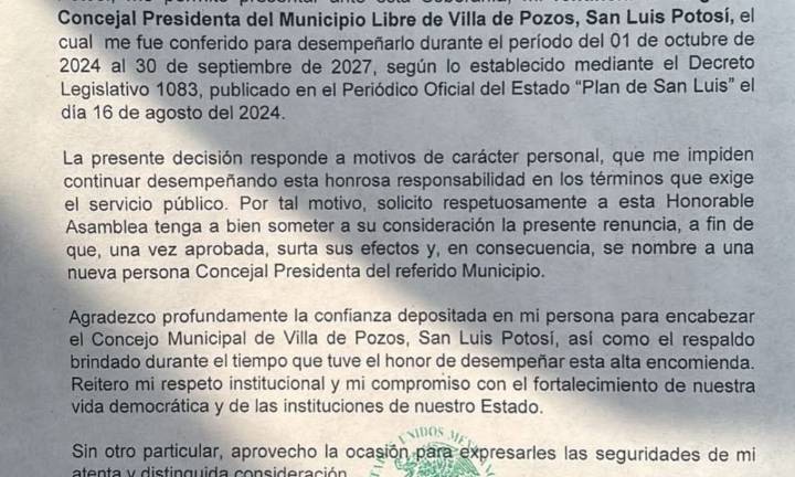 Renuncia concejal presidenta de Villa de Pozos por “motivos personales”