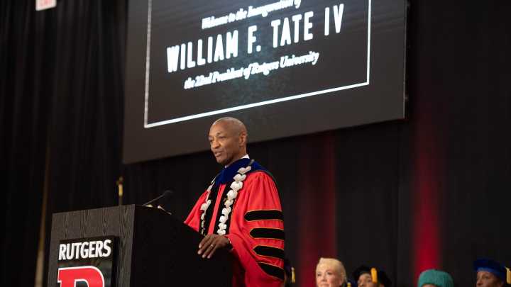Rutgers President William Tate presents vision at installation