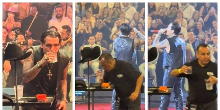 ¿Controlan lo que bebe? Exhiben video del staff de Christian Nodal oliendo y retirando sus bebidas en pleno show