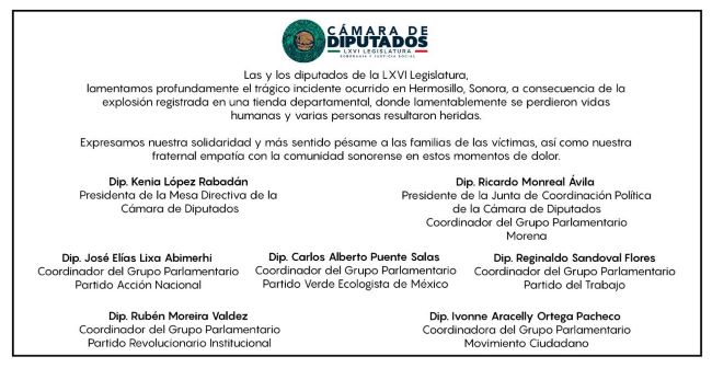 Diputadas y diputados de la LXVI Legislatura, lamentan profundamente el trágico incidente ocurrido en Hermosillo, Sonora.