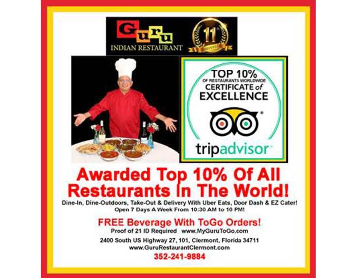 Guru Indian Restaurant IS Named: “Top 10% Of Restaurants in the World”