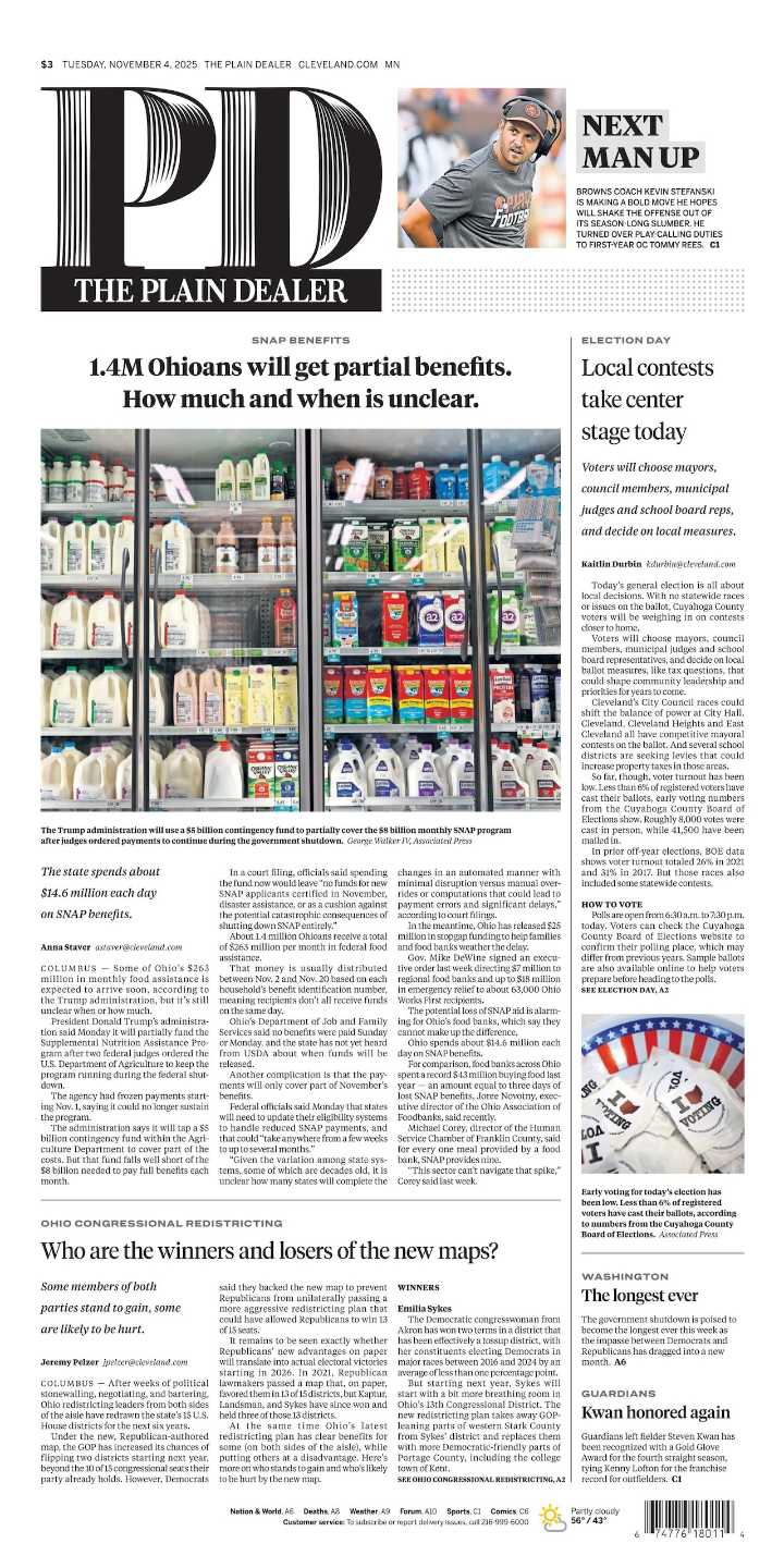 The Plain Dealer’s front page for November 4, 2025