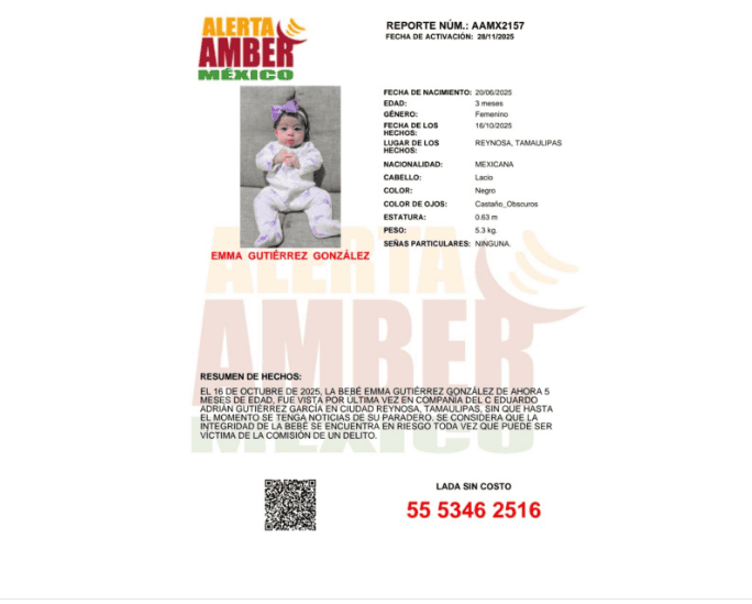 Activan Alerta Amber para localizar a bebé desaparecida