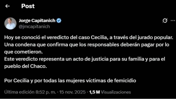 Jorge Capitanich fijó su postura tras el veredicto del caso Cecilia Strzyzowski