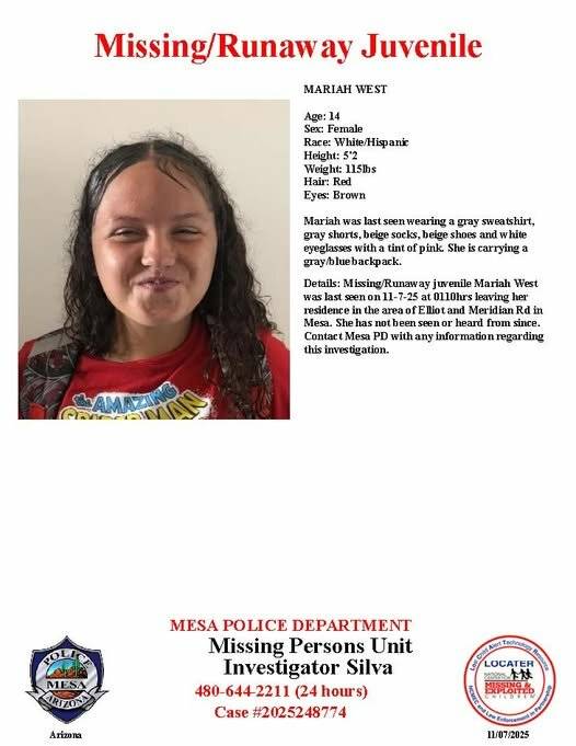 Mariah West, 14, missing from Mesa, police say