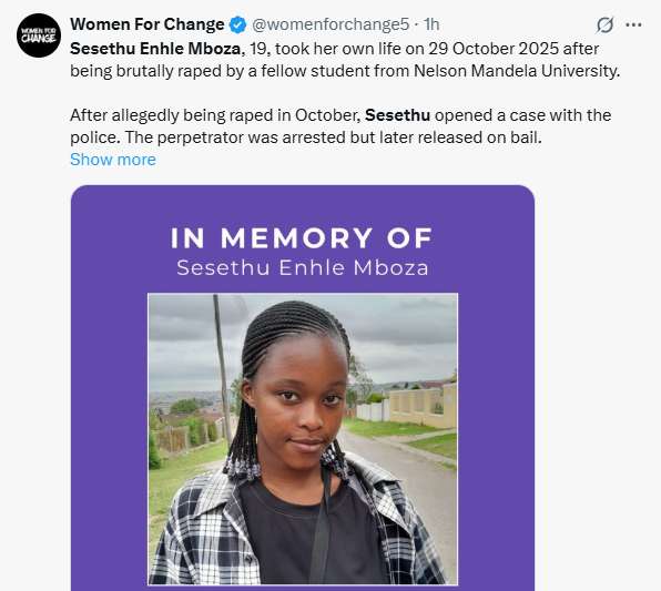 19-year-old University student comm!ts suicide after being r@ped by schoolmate in South Africa, Suspect is released on bail
