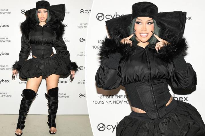 Cardi B shows off post-baby body in corseted puffer at Cybex event