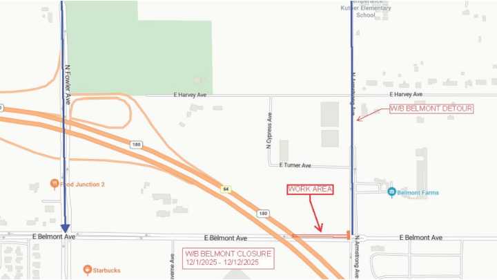 Westbound Belmont Avenue to Close for Utility Work in Fresno