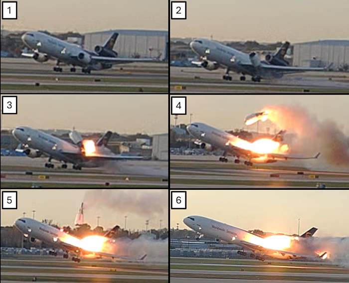 Dramatic photos of doomed UPS plane show the aircraft on fire and its engine flying off
