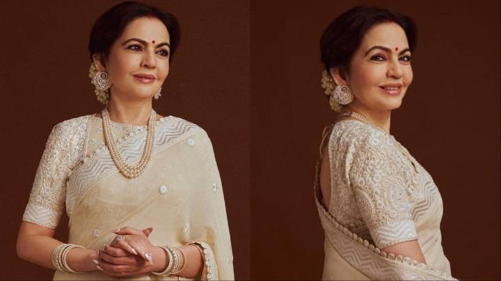 Nita Ambani Elevates Ivory Elegance In A Hand-Embroidered Abu Jani Sandeep Khosla Saree