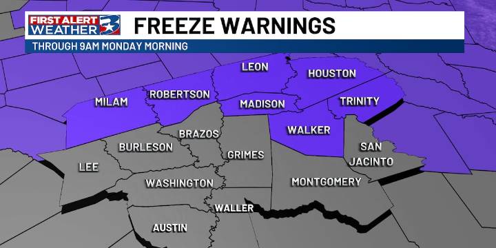 Freeze warning in place for portions of the area Sunday night into Monday