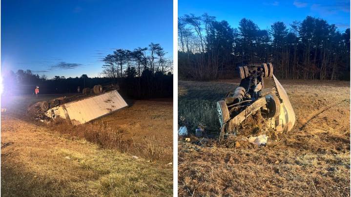 Driver hospitalized after tractor-trailer rollover on I