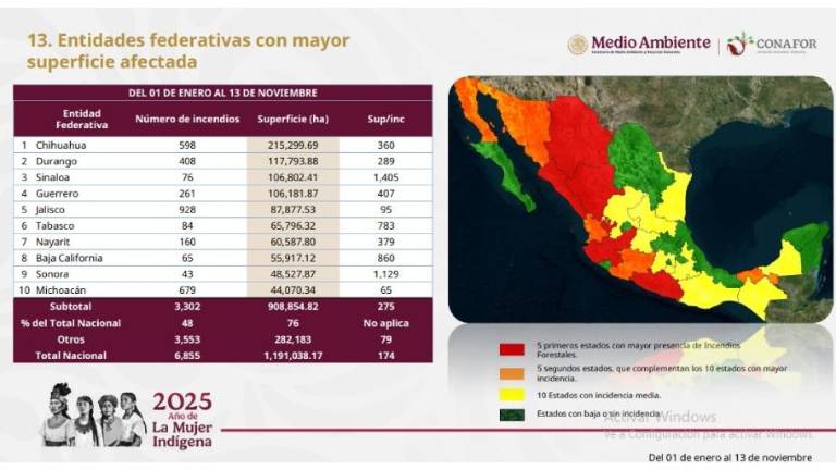 Sinaloa, entre los estados con mayor superficie afectada por incendios forestales en 2025