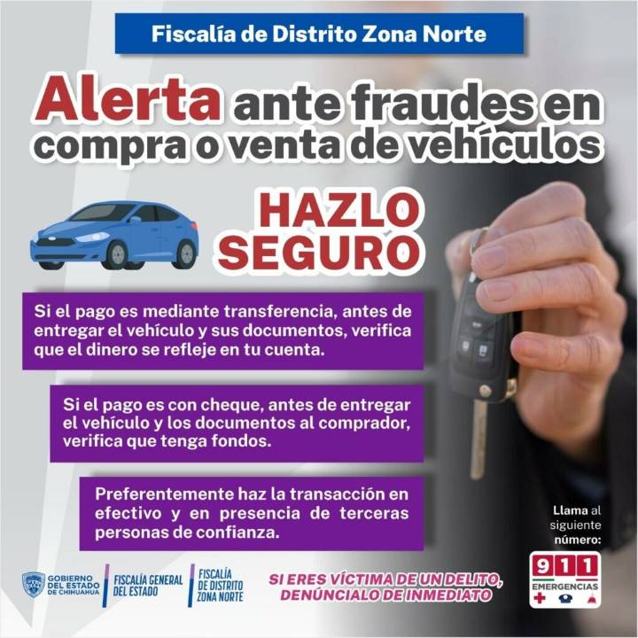 Alerta Fiscalía Zona Norte ante fraudes en compra o venta de vehículos