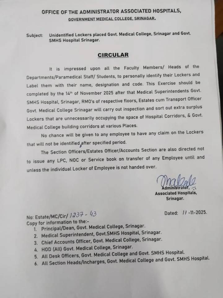GMC Srinagar directs faculty and staff to identify lockers by November 14