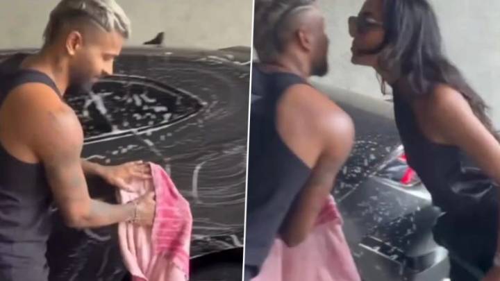 ENTERTAINMENT Hardik Pandya Gets a Kiss From Girlfriend Mahieka Sharma, As They Wash His Black Lamborghini Urus Car Together; Lovebirds’ Romantic Video Goes Viral