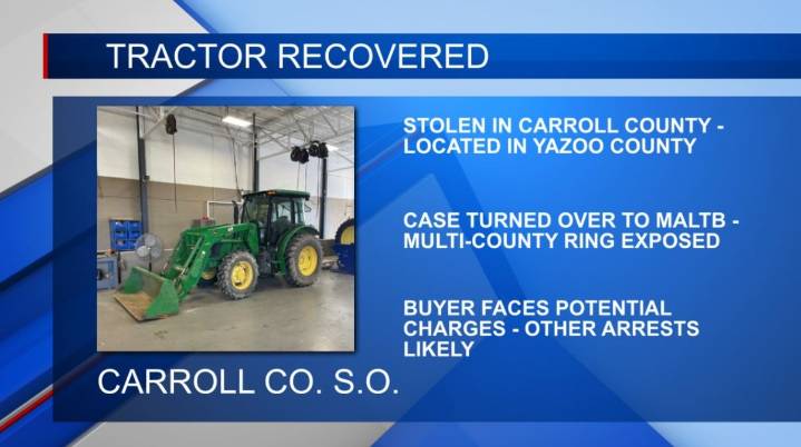 Stolen tractor from Carroll County recovered in Yazoo County