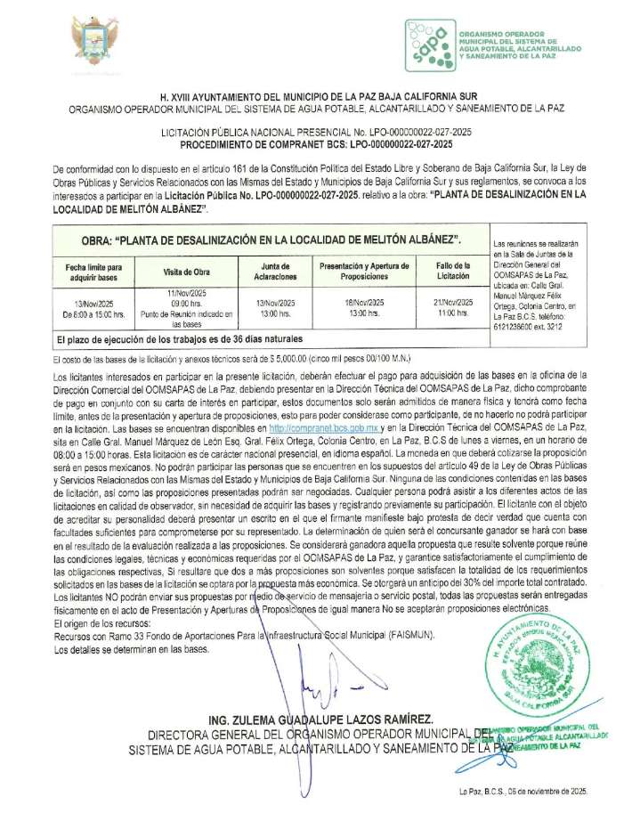 Convocatoria de OOMSAPAS: Licitación Pública No. LPO
