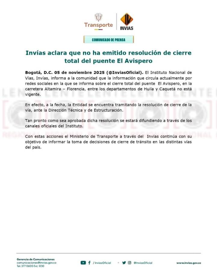 #Atención “No se ha emitido resolución de cierre de El Avispero”: INVIAS