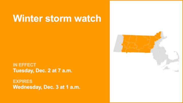Winter storm watch in place for 5 Massachusetts counties for Tuesday and Wednesday