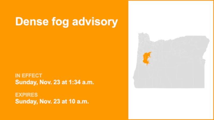 Dense fog advisory active for Willamette Valley until Sunday morning