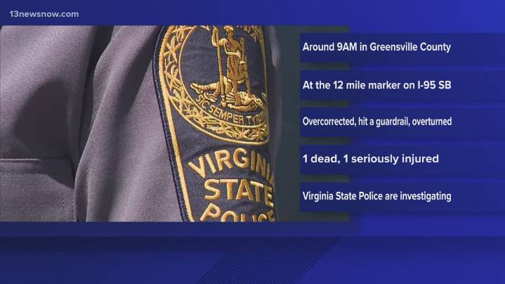 1 dead, 1 seriously injured after crash on I-95 in Greensville County
