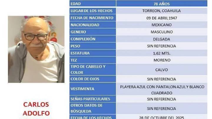 Urgente. Solicitan ayuda para localizar a Carlos Adolfo Merino; adulto mayor en Torreón que está enfermo