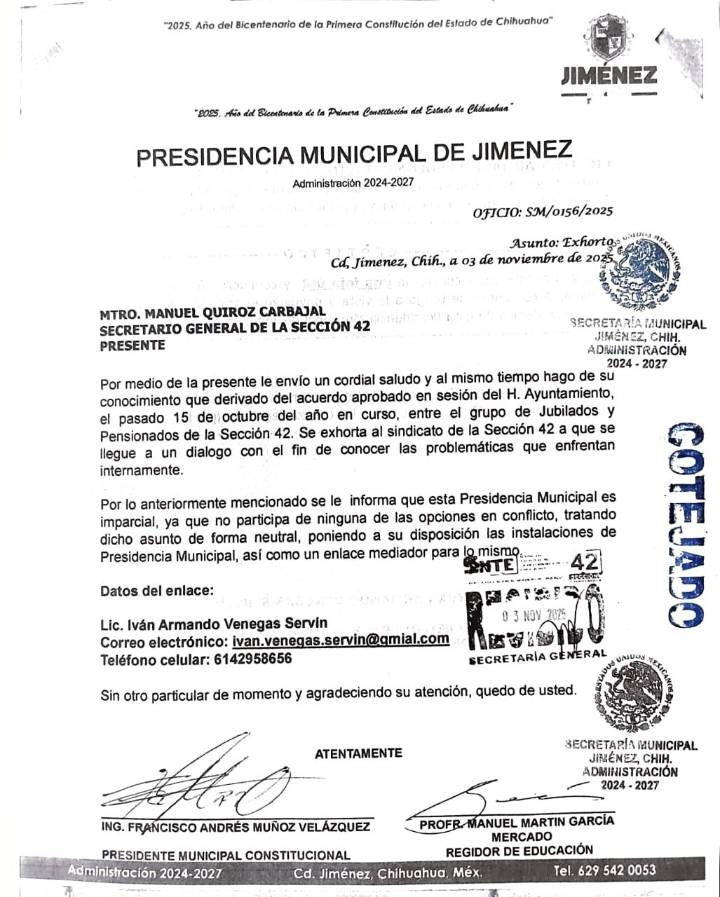 Exige grupo de jubilados y pensionados de Jiménez a la dirigencia de la Sección 42 diálogo y respeto a la democracia sindical