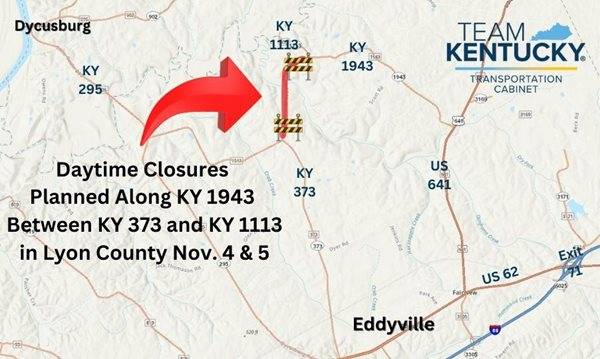 Daytime closures planned along KY 1943 in Lyon County Tuesday and Wednesday