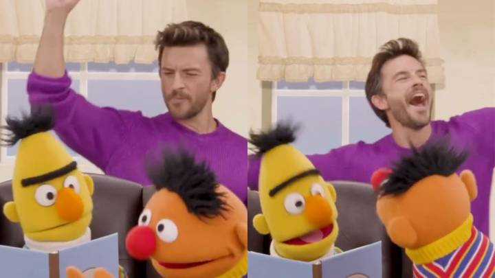 Jonathan Bailey meets gay icons Bert and Ernie on Sesame Street