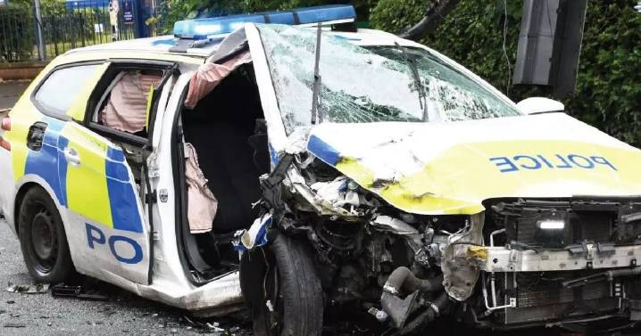 Horrifying footage as man deliberately ploughs into police car and injures officers