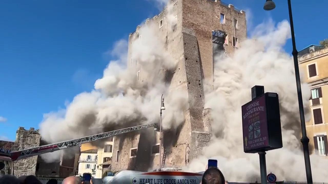 Medieval tower in Rome partially collapses during renovations, injuring a worker