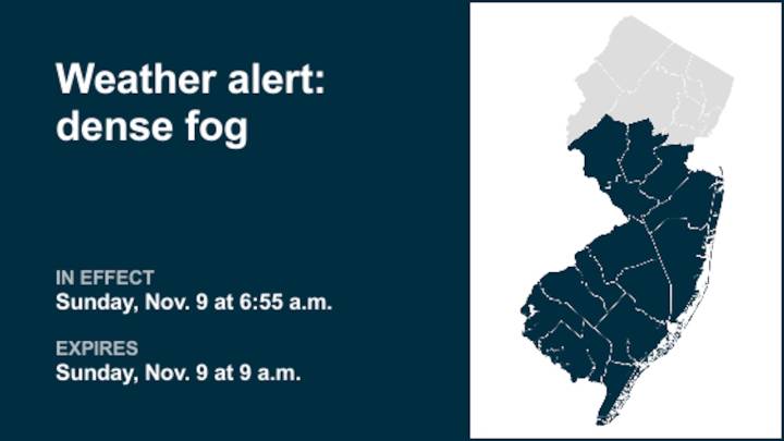 Weather alert for dense fog in 13 N.J. counties Sunday morning