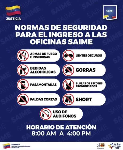 El Saime detalla las normas estrictas de vestimenta y accesorios prohibidos para ingresar a sus oficinas