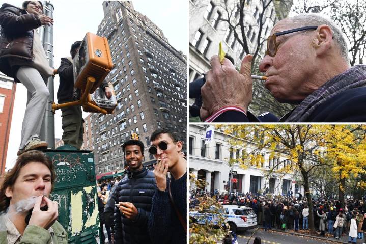 Huge crowd of more than 1,500 smokers gather in Washington Square Park for cigarette break