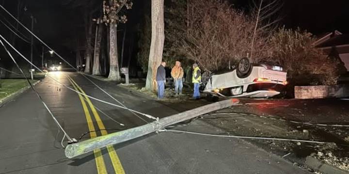 Rollover crash snaps utility pole in Beacon Falls