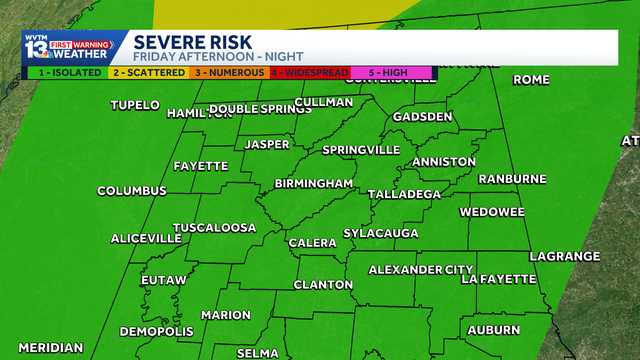 Scattered storms are expected in Alabama Friday