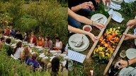What does dining at a table built within the farm soil look like?