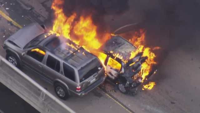 1 injured in crash that caused 2 cars to catch fire on Business 80 in Sacramento