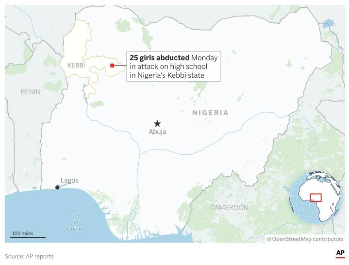 Gunmen abduct 25 girls from a high school in northwestern Nigeria