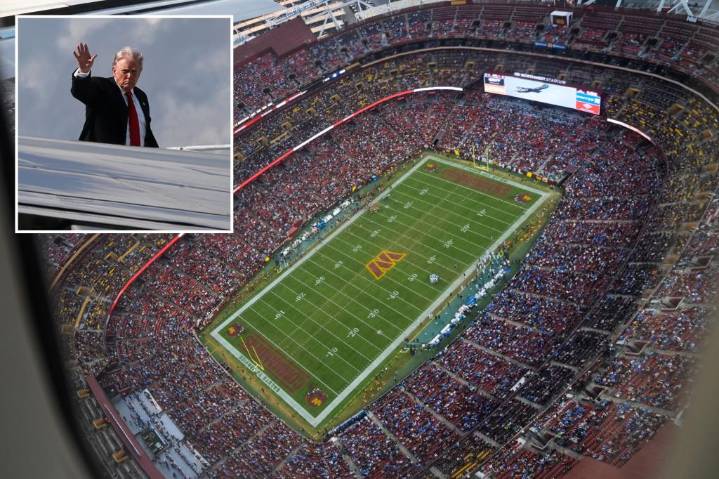 Air Force One flies over Northwest Stadium as Trump set to attend Commanders