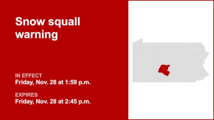 Blair and Huntingdon counties under a snow squall warning Friday afternoon