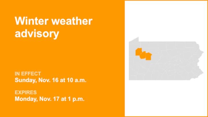 Winter weather advisory in place for part of Pennsylvania until Monday afternoon
